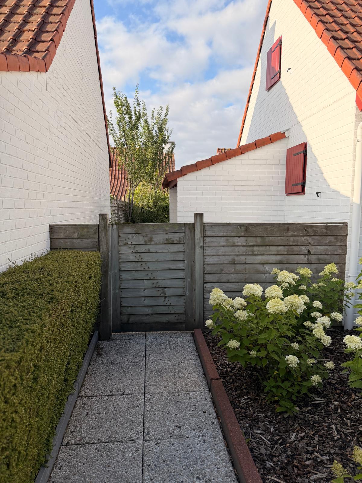 Garden gate beside flowering hydrangeas at NordHuys